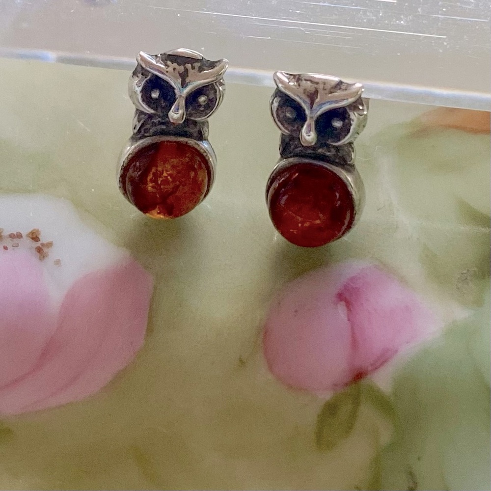 Sterling Silver Amber Stone Owl Stud Earrings for pierced ears.